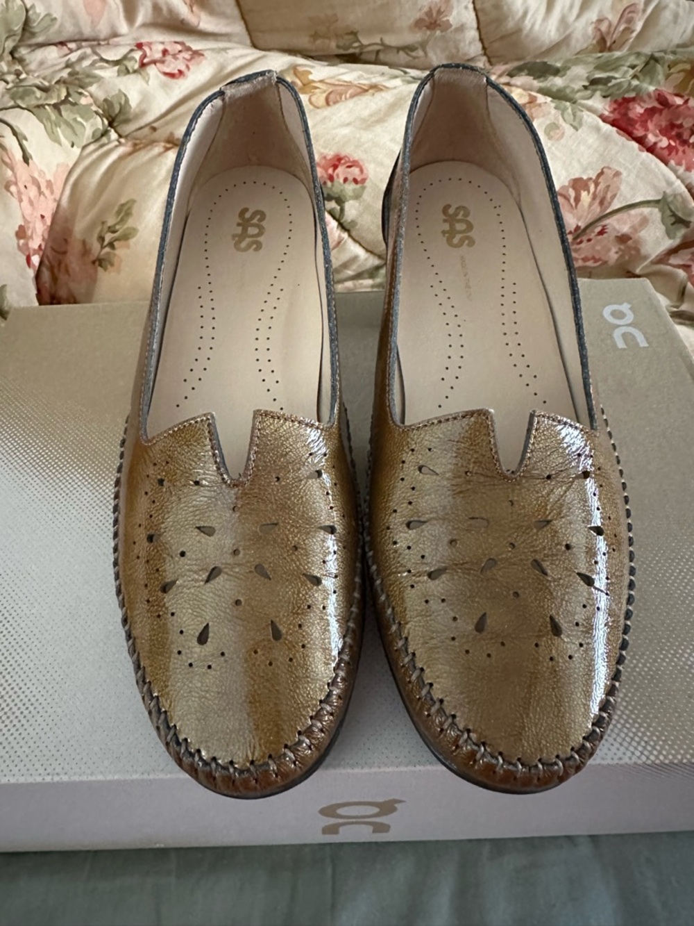 SAS Sonyo Women's Metallic Bronze Slip-On heeled Loafer with Perforated Detail